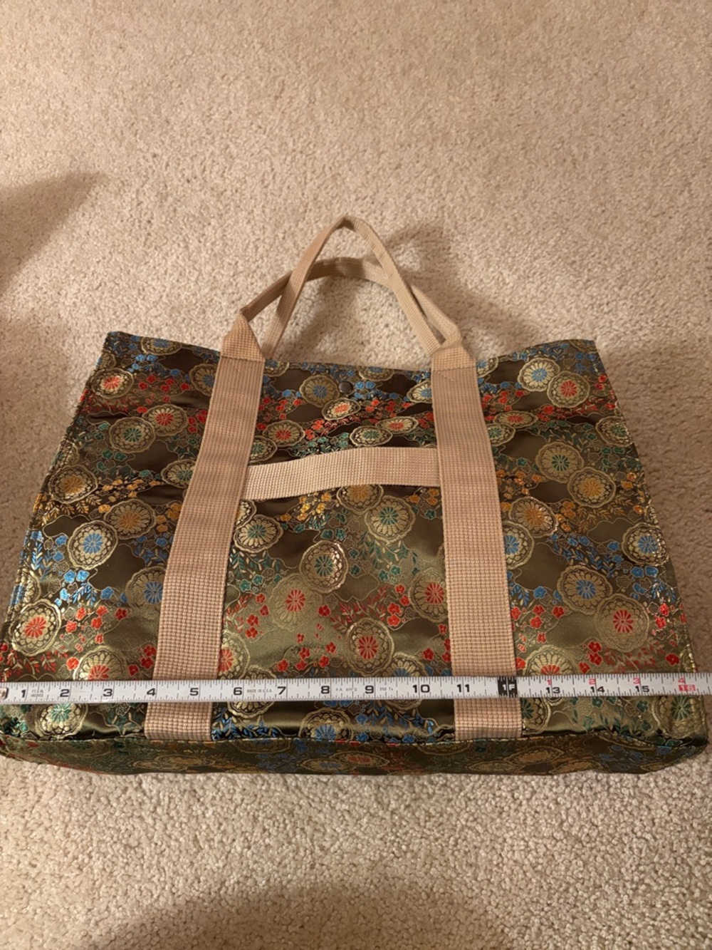 Oriental Olive Green Vibrant Floral Jacquard Satin Tote Bag with Beige Straps - Picture 10 of 16